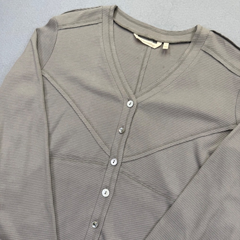 Soft Surroundings Womens Taupe Gray Waffle Knit Button Front Peplum Top 2CZ99 L‎